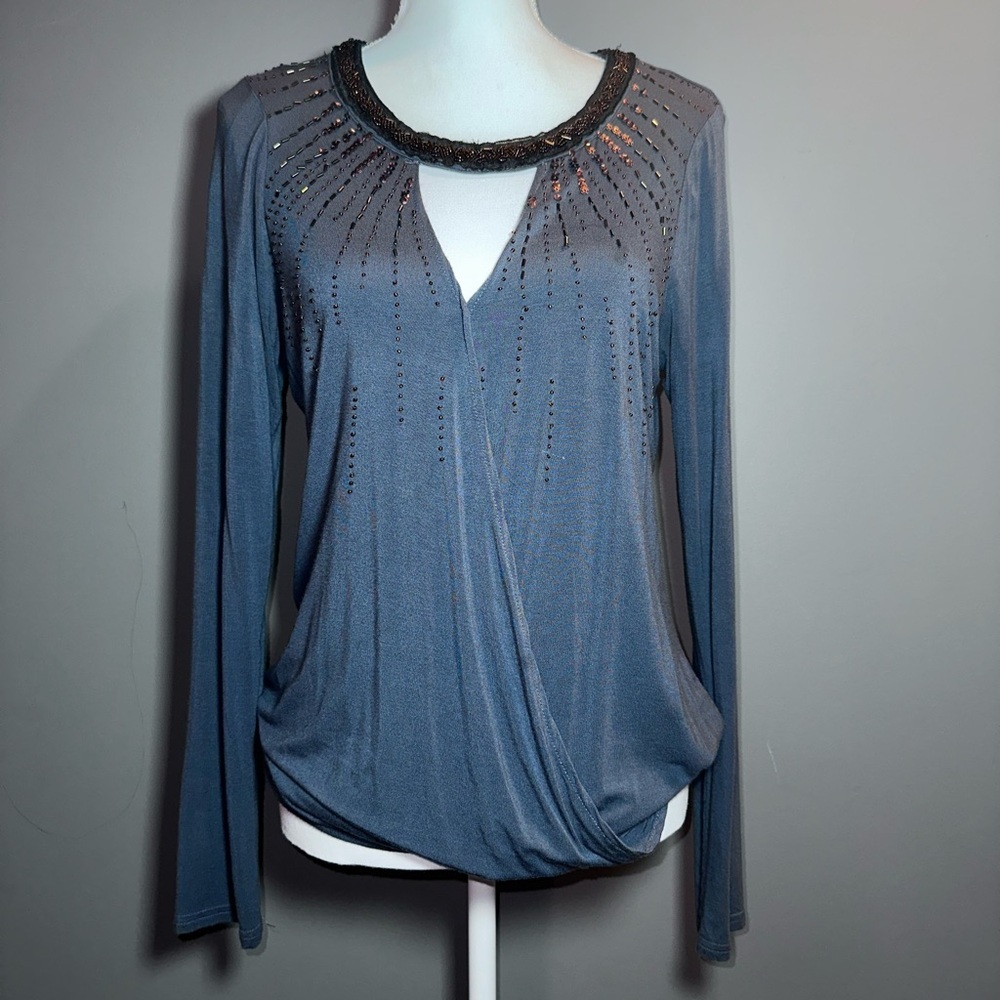 BKE Boutique Embellished Surplice Long Sleeve Top M — Beaded Neckline & Sequins